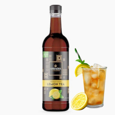 ARKADIA LEMON TEA SYRUP WITH WHITE BACK GROUND AND A CUP OF ICE LEMON TEA